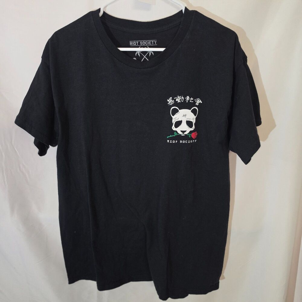 #0258 Riot Society Mens Large Black Rose Panda Kanji Graphic T-Shirt Cotton L